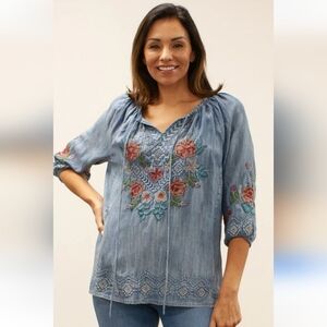 Karyn Seo Denim Blue Embroidered Women's Top
